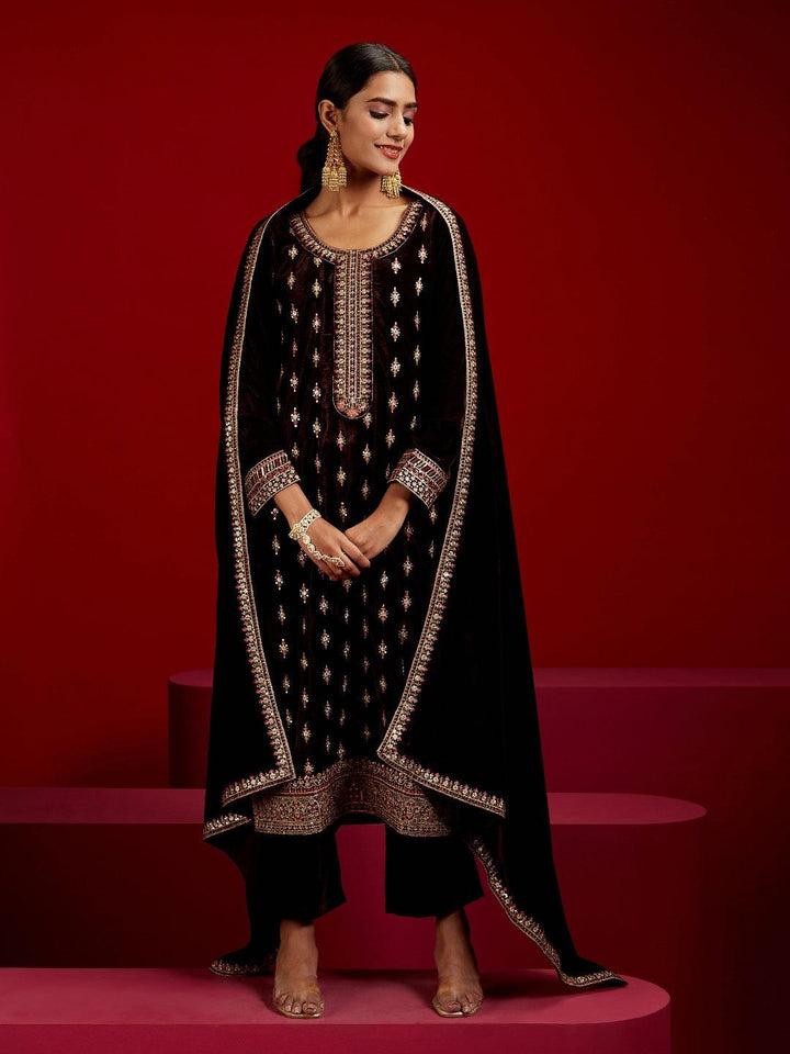 Libas Art Brown Embroidered Velvet Straight Kurta With Trousers & Dupatta - ShopLibas