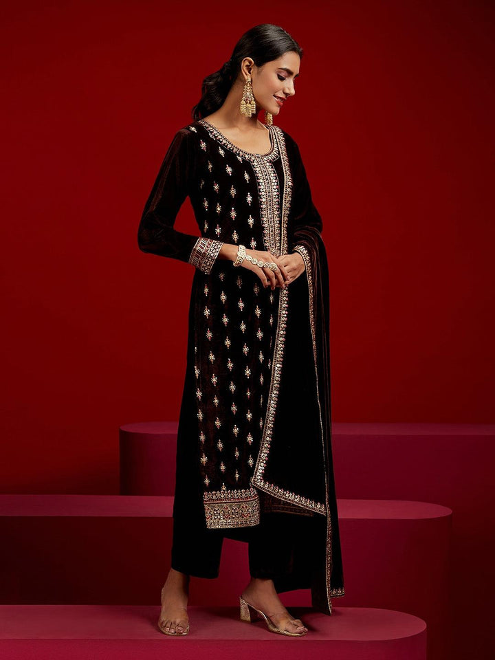 Libas Art Brown Embroidered Velvet Straight Kurta With Trousers & Dupatta - ShopLibas