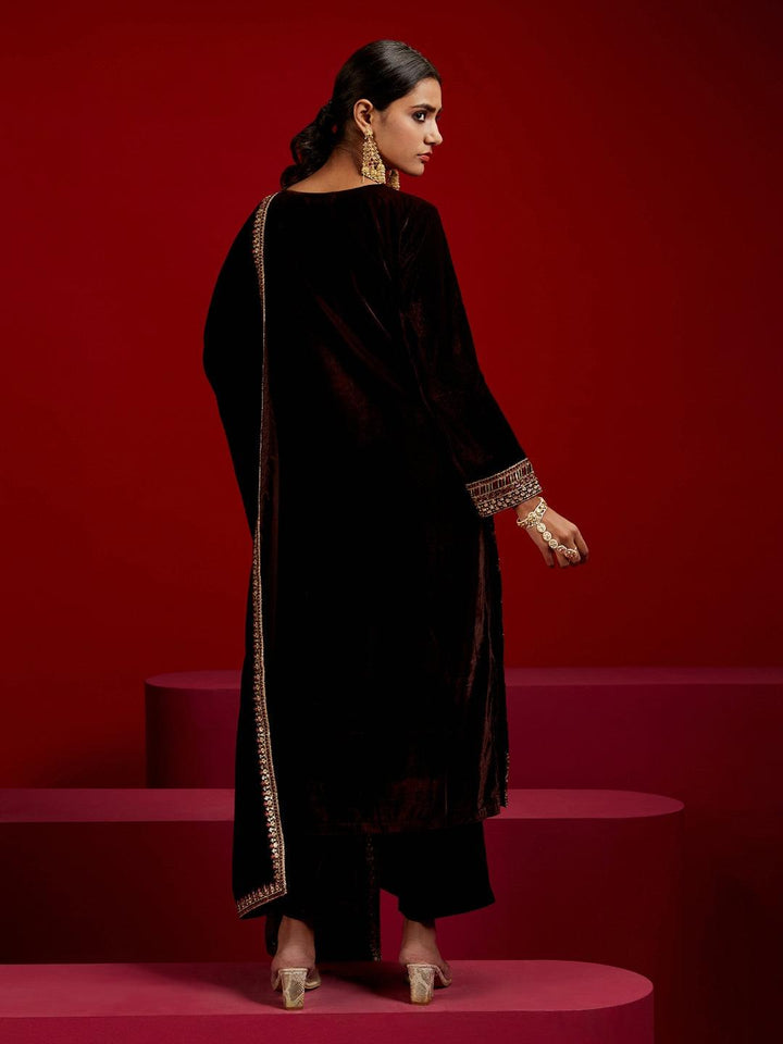 Libas Art Brown Embroidered Velvet Straight Kurta With Trousers & Dupatta - ShopLibas