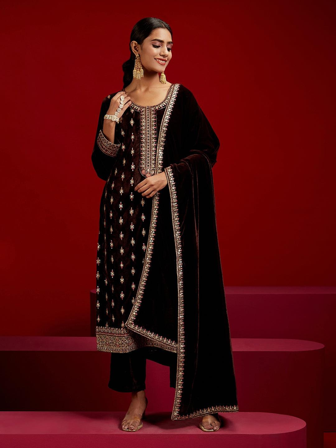 Libas Art Brown Embroidered Velvet Straight Kurta With Trousers & Dupatta - ShopLibas