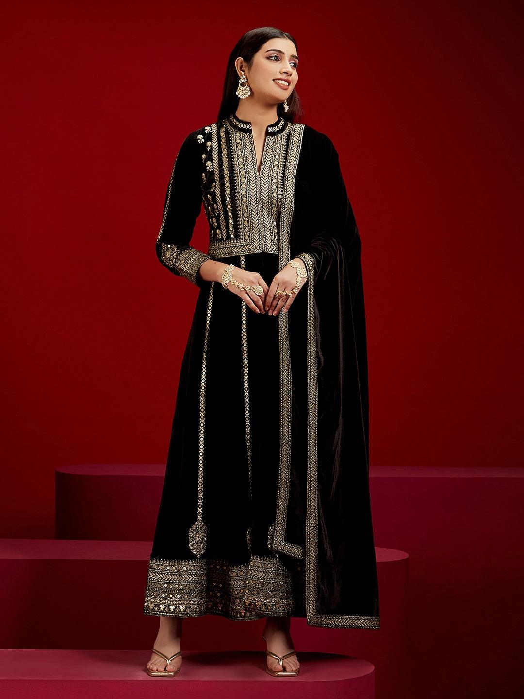 Libas Art Black Embroidered Velvet A-Line Kurta With Trousers & Dupatta - ShopLibas