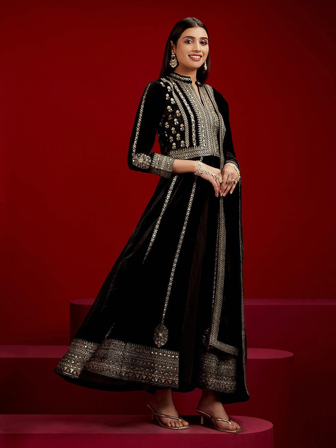 Libas Art Black Embroidered Velvet A-Line Kurta With Trousers & Dupatta