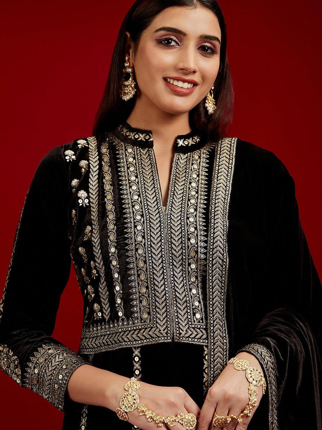 Libas Art Black Embroidered Velvet A-Line Kurta With Trousers & Dupatta - ShopLibas