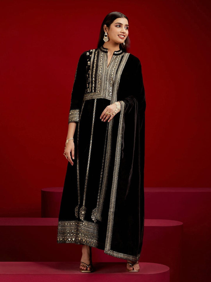 Libas Art Black Embroidered Velvet A-Line Kurta With Trousers & Dupatta - ShopLibas