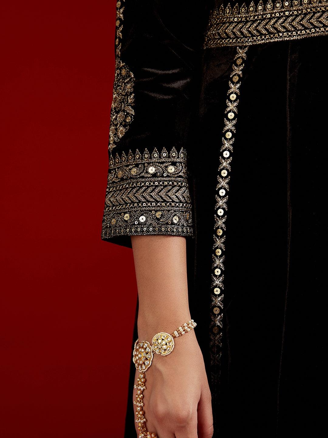 Libas Art Black Embroidered Velvet A-Line Kurta With Trousers & Dupatta