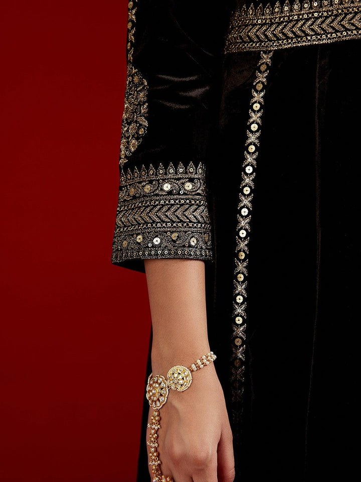 Libas Art Black Embroidered Velvet A-Line Kurta With Trousers & Dupatta - ShopLibas