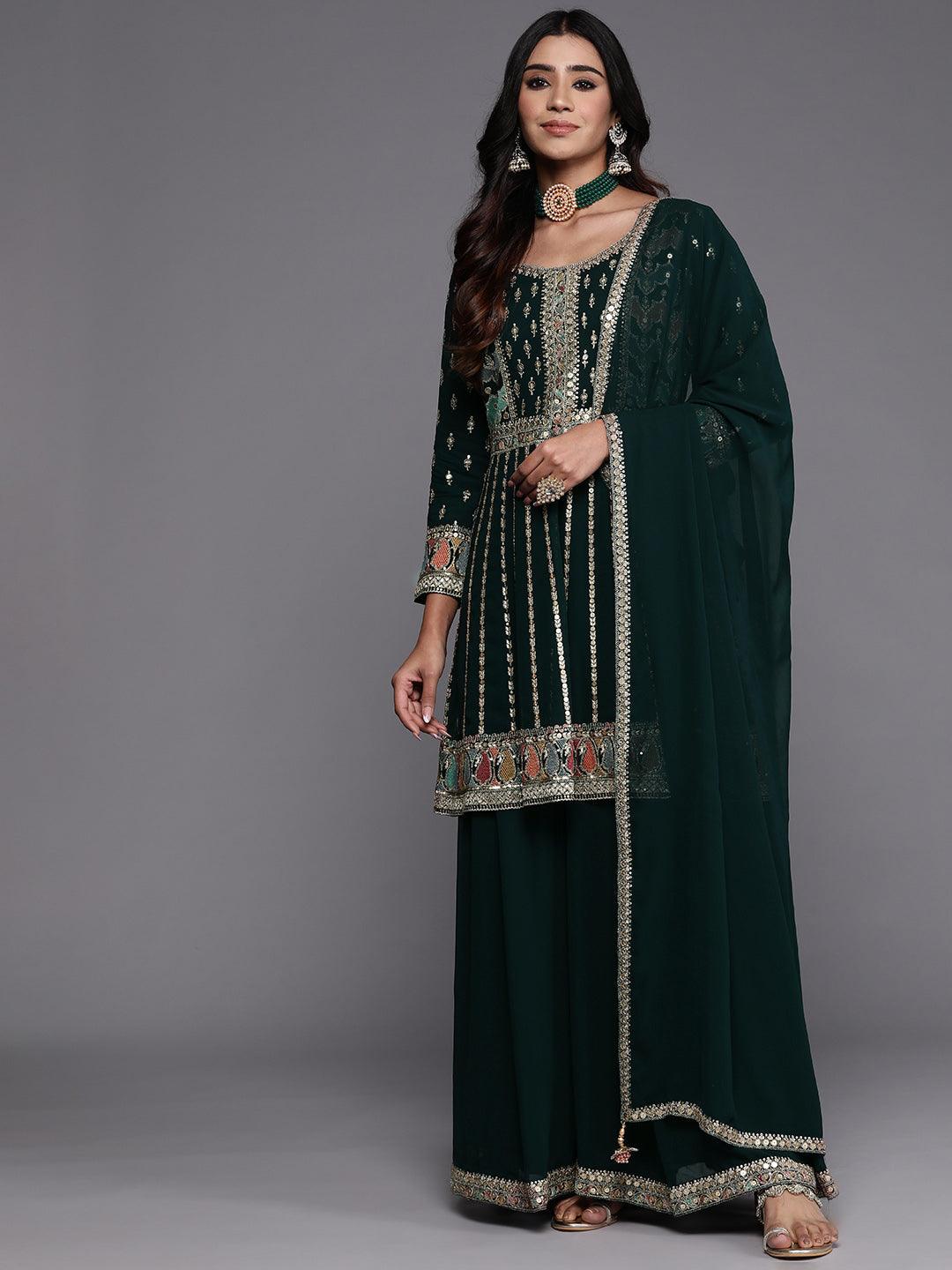 Libas Art Green Embroidered Georgette Anarkali Suit With Dupatta