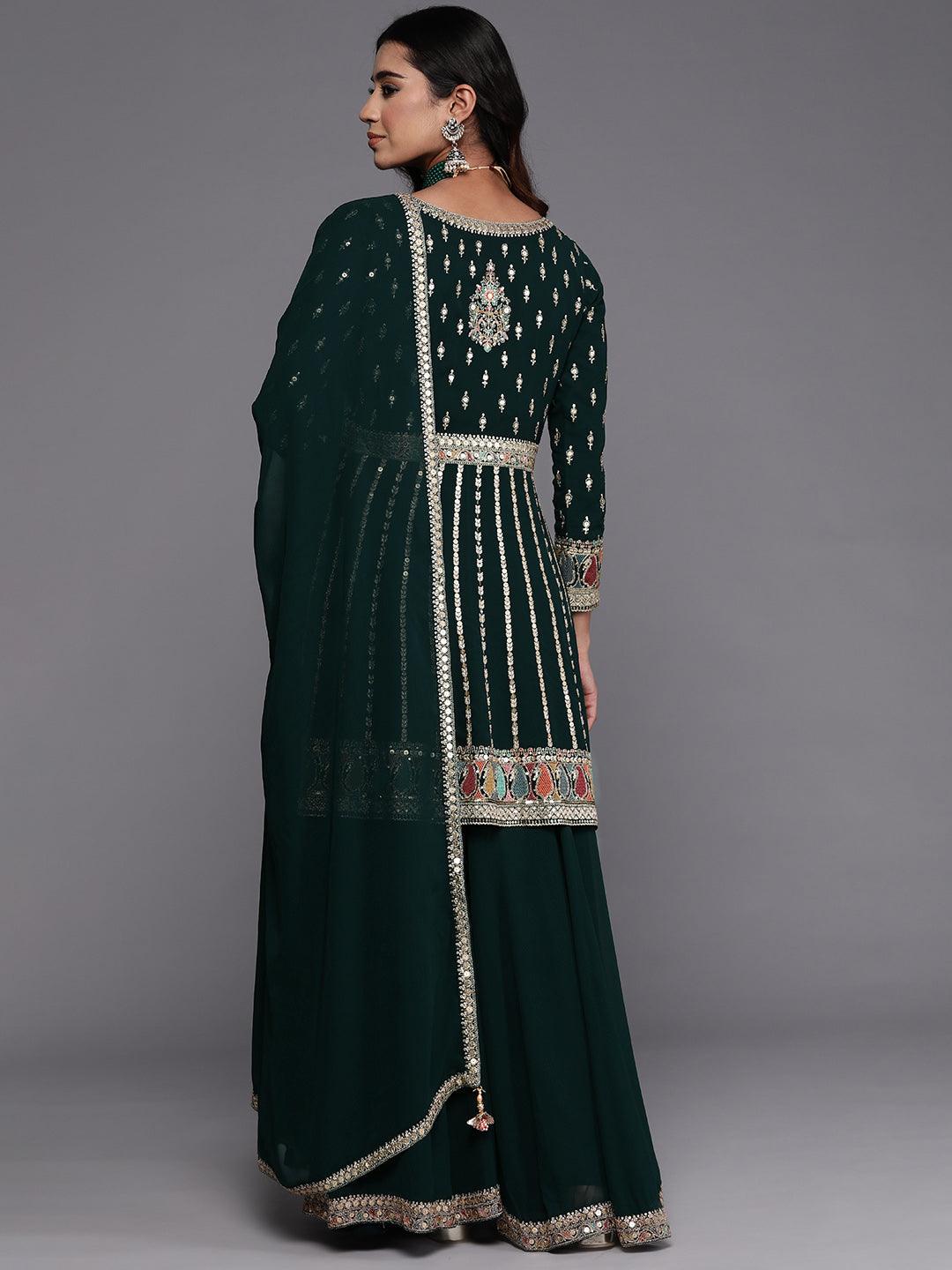 Libas Art Green Embroidered Georgette Anarkali Kurta With Palazzos & Dupatta - ShopLibas