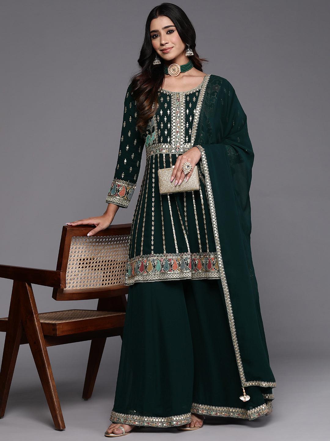 Libas Art Green Embroidered Georgette Anarkali Suit With Dupatta