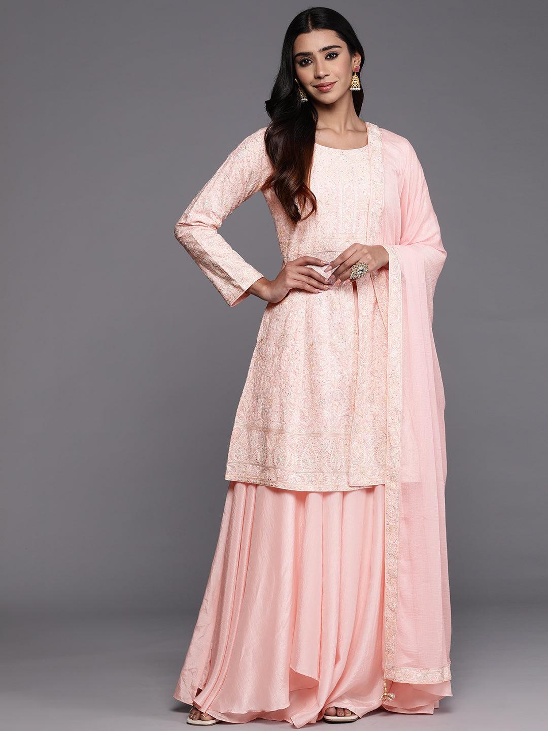 Libas Art Peach Embroidered Silk Blend A-Line Kurta With Palazzos & Dupatta