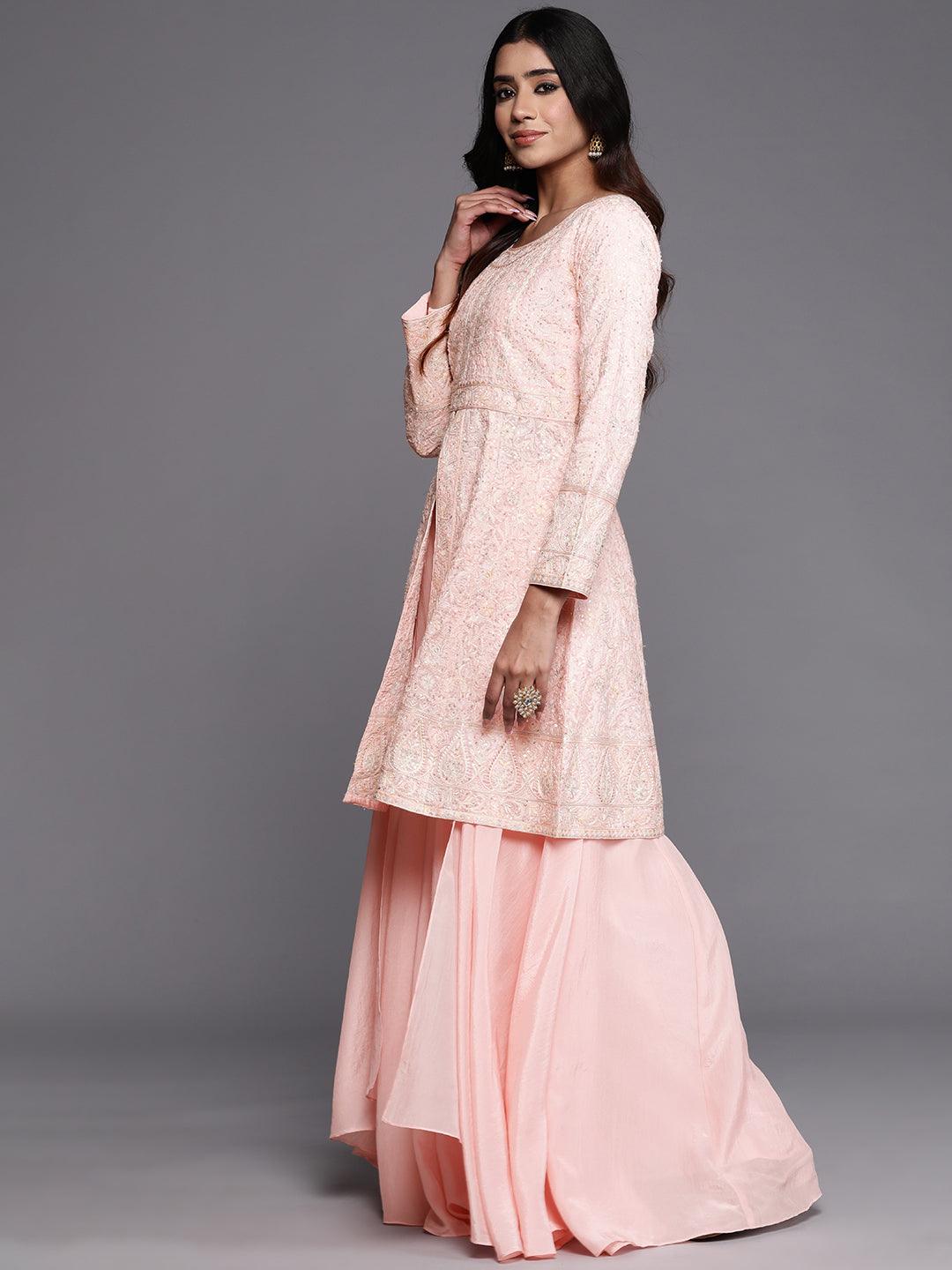 Libas Art Peach Embroidered Silk Blend A-Line Kurta With Palazzos & Dupatta