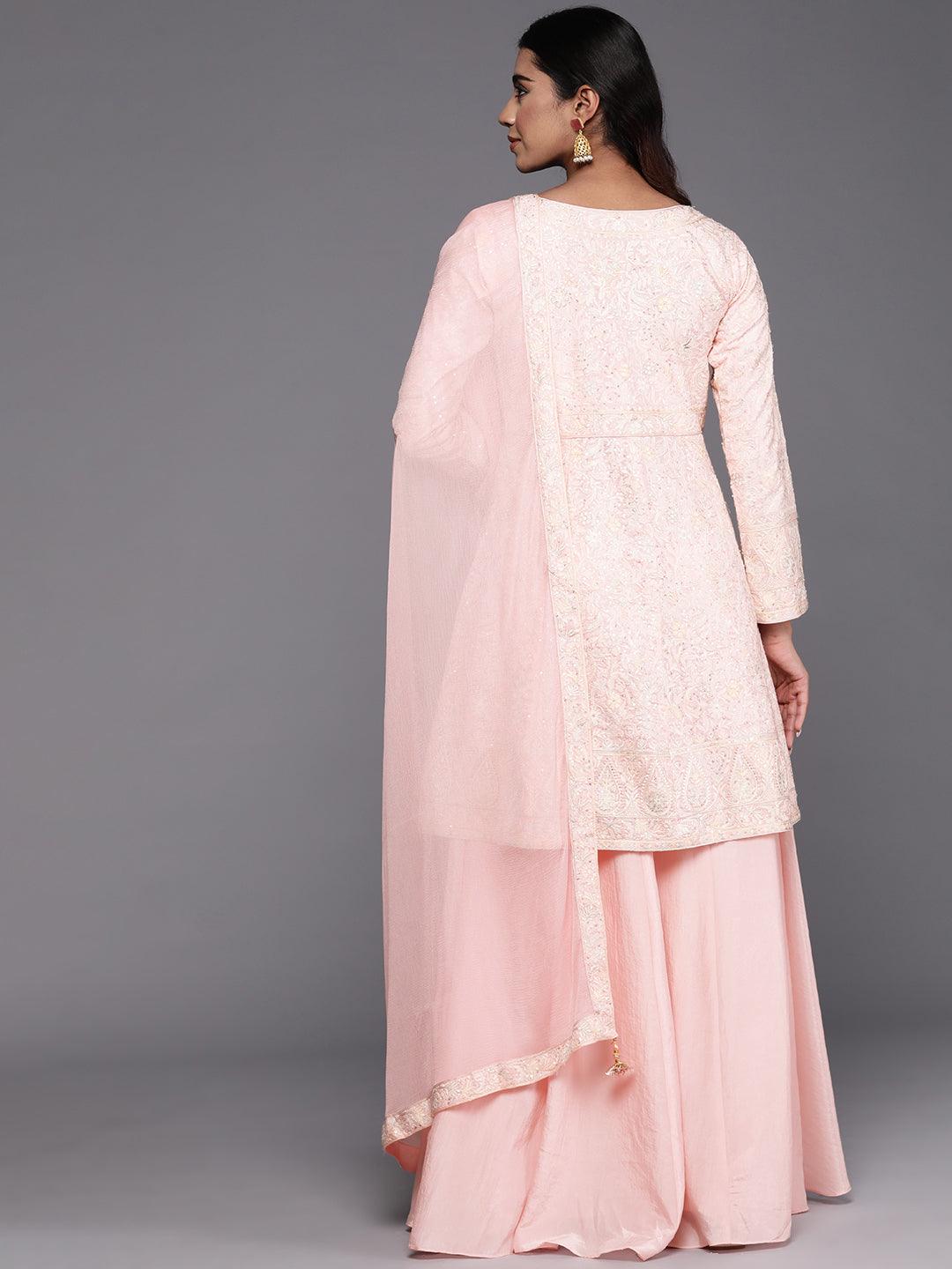 Libas Art Peach Embroidered Silk Blend A-Line Kurta With Palazzos & Dupatta