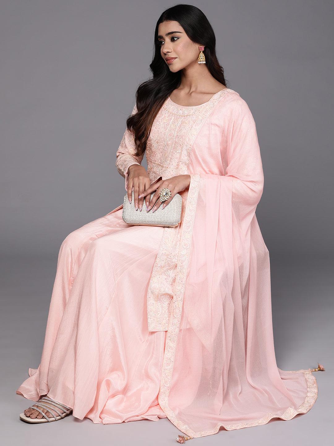 Libas Art Peach Embroidered Silk Blend A-Line Kurta With Palazzos & Dupatta