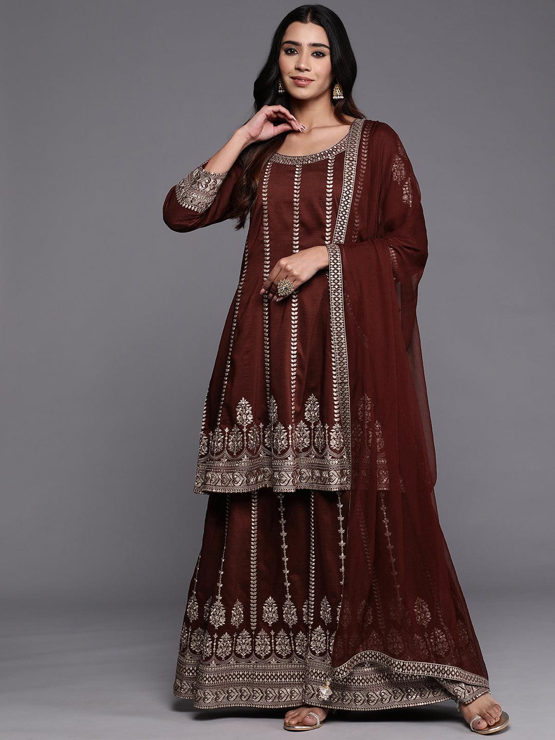 Libas Art Maroon Embroidered Silk Blend Anarkali Suit With Dupatta