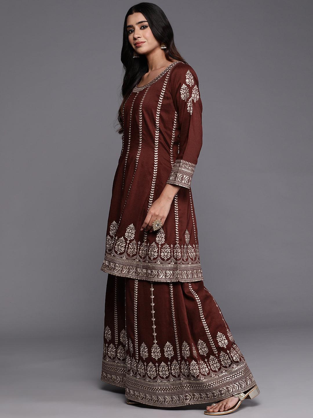 Libas Art Maroon Embroidered Silk Blend Anarkali Suit With Dupatta