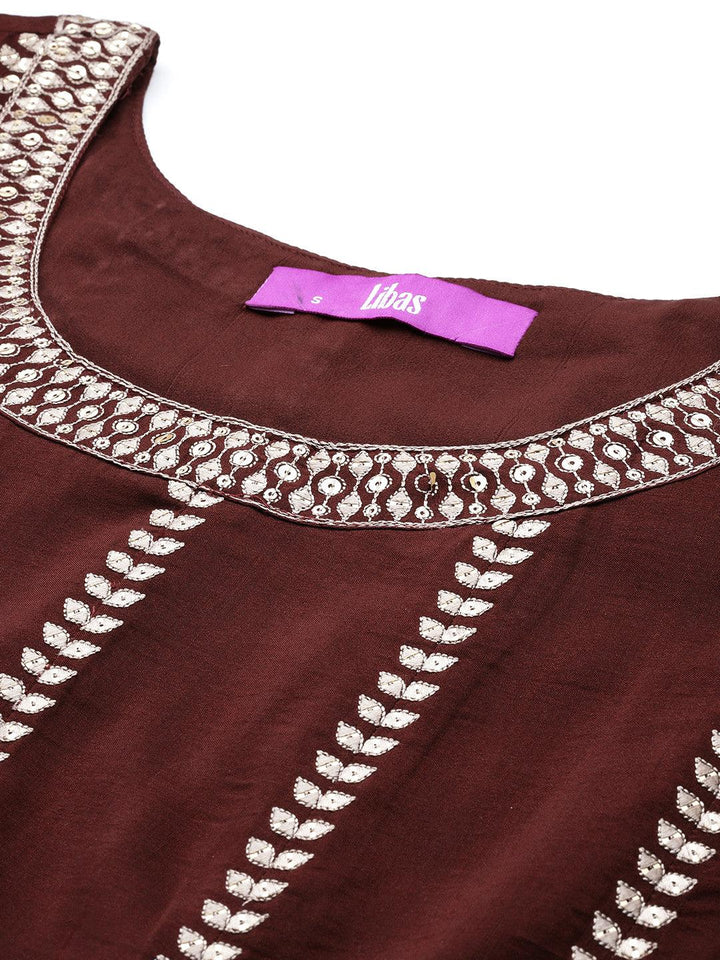 Libas Art Maroon Embroidered Silk Blend Anarkali Kurta With Palazzos & Dupatta - ShopLibas