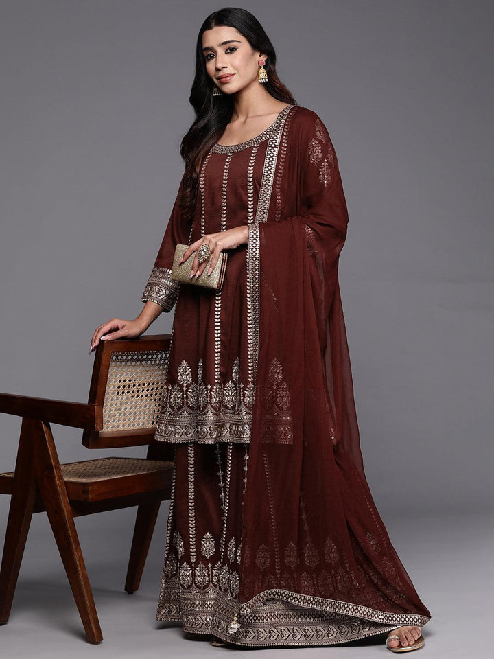 Libas Art Maroon Embroidered Silk Blend Anarkali Kurta With Palazzos & Dupatta - ShopLibas