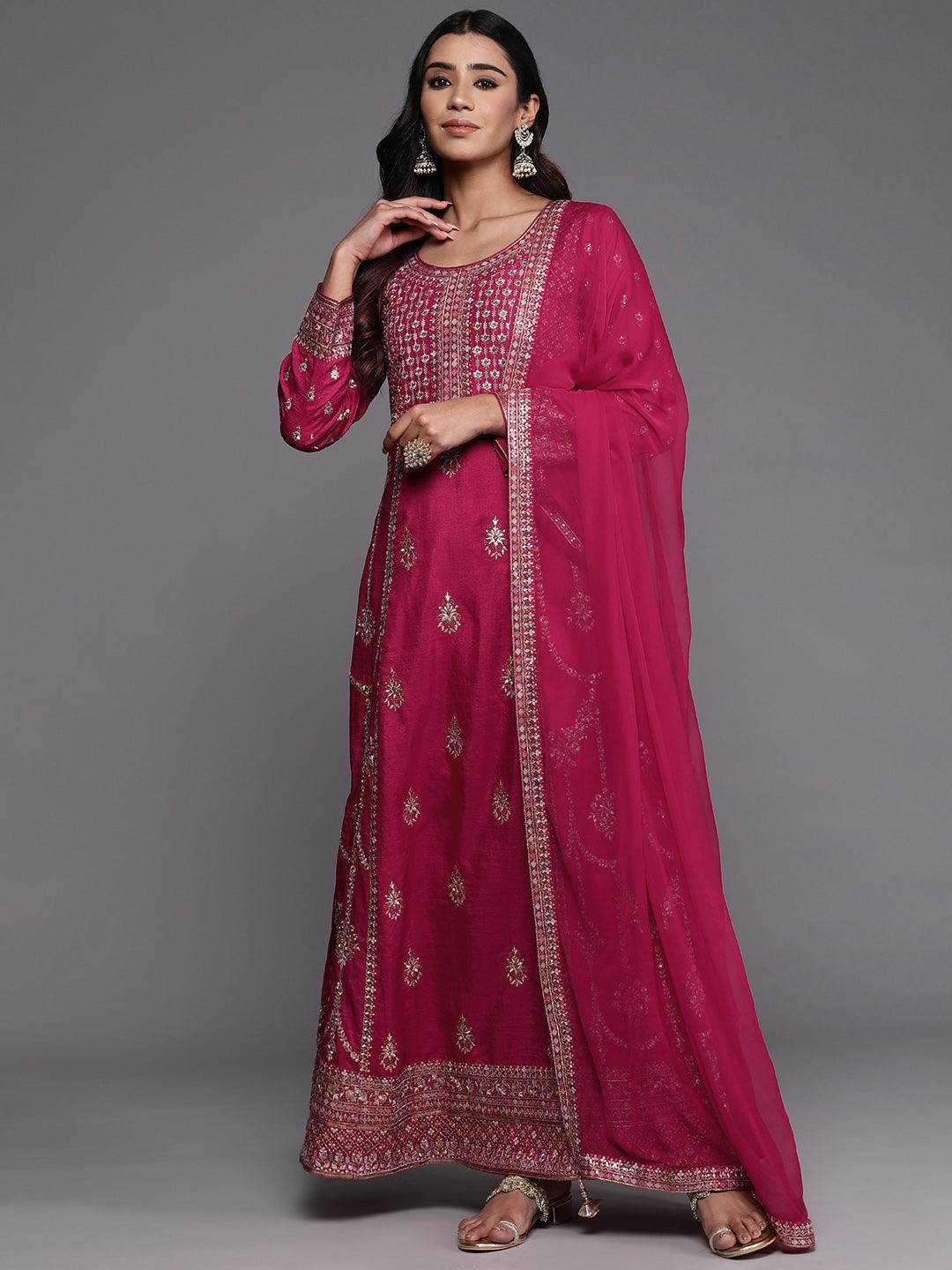 Libas Art Pink Embroidered Silk Blend A-Line Kurta With Trousers & Dupatta