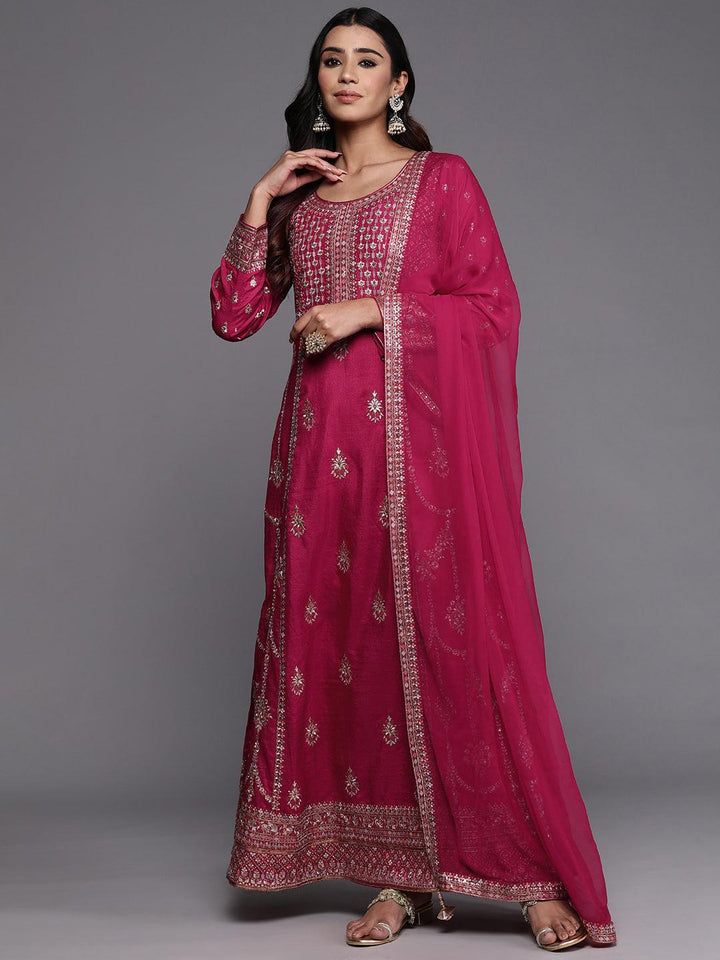 Libas Art Pink Embroidered Silk Blend A-Line Kurta With Trousers & Dupatta - ShopLibas