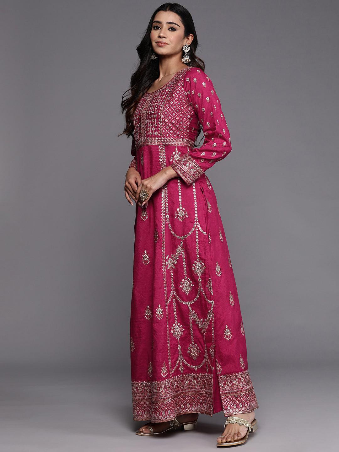 Libas Art Pink Embroidered Silk Blend A-Line Kurta With Trousers & Dupatta