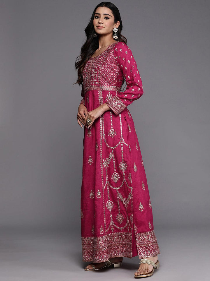 Libas Art Pink Embroidered Silk Blend A-Line Kurta With Trousers & Dupatta - ShopLibas