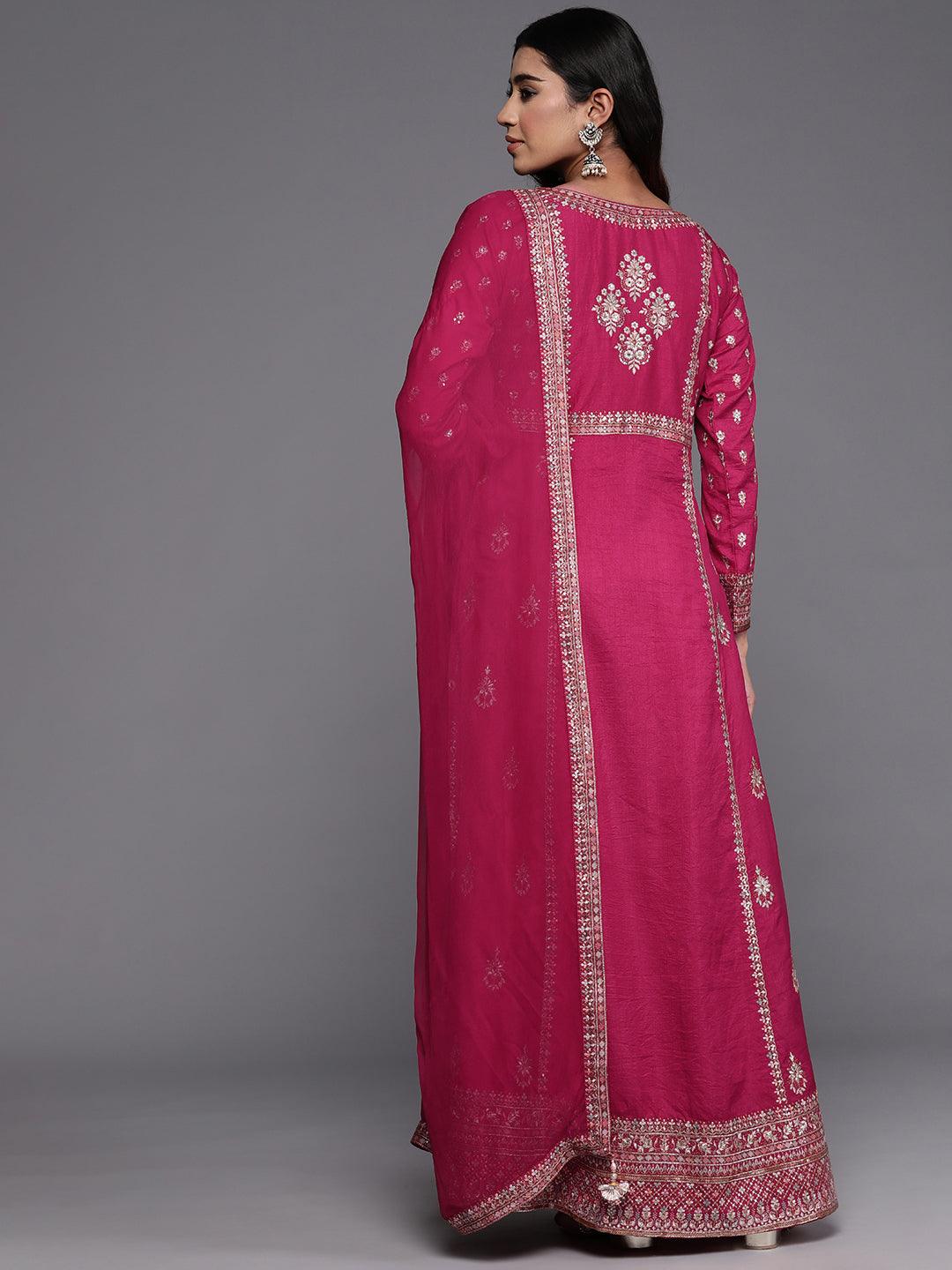 Libas Art Pink Embroidered Silk Blend A-Line Kurta With Trousers & Dupatta