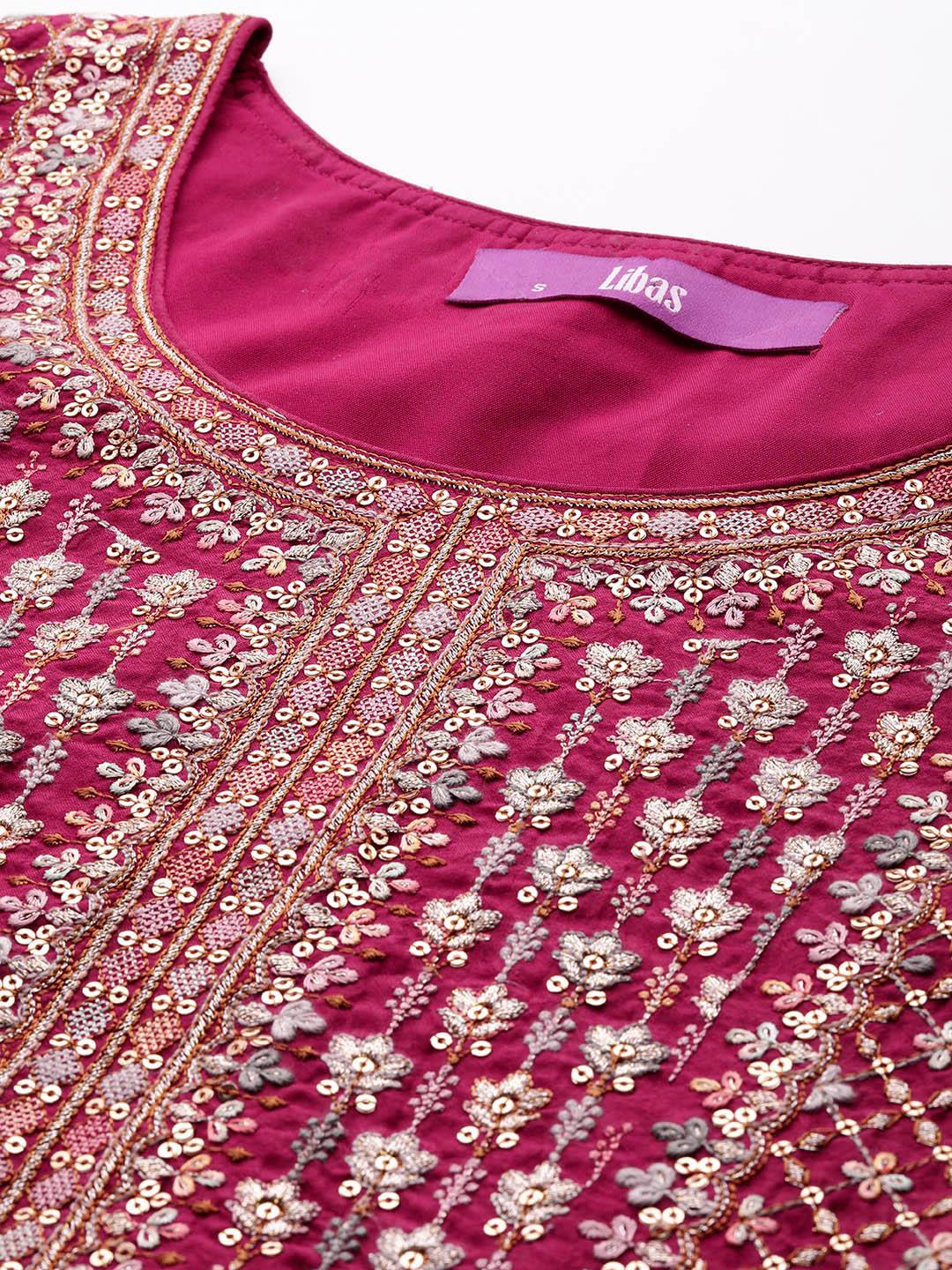 Libas Art Pink Embroidered Silk Blend A-Line Kurta With Trousers & Dupatta