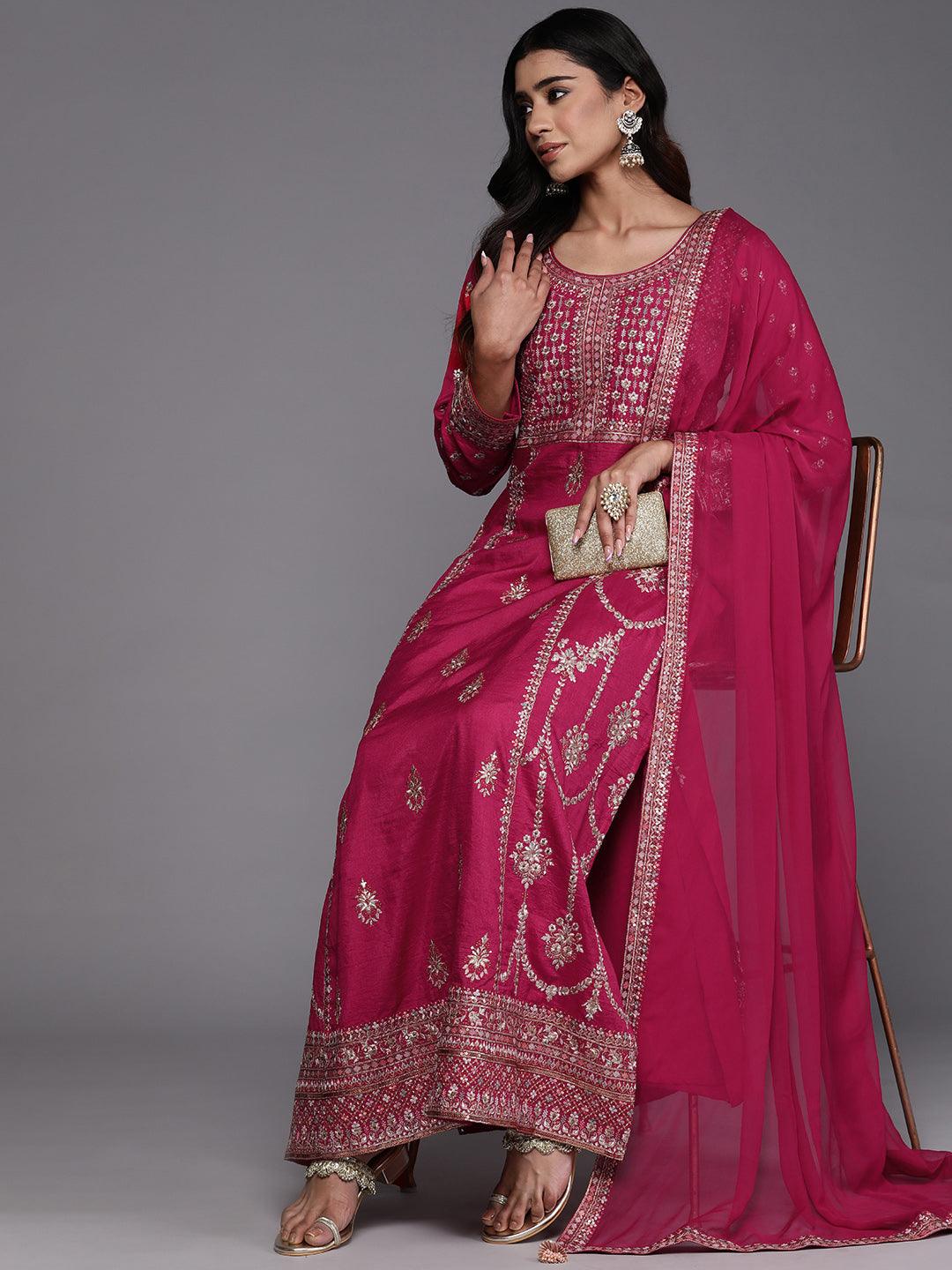 Libas Art Pink Embroidered Silk Blend A-Line Kurta With Trousers & Dupatta