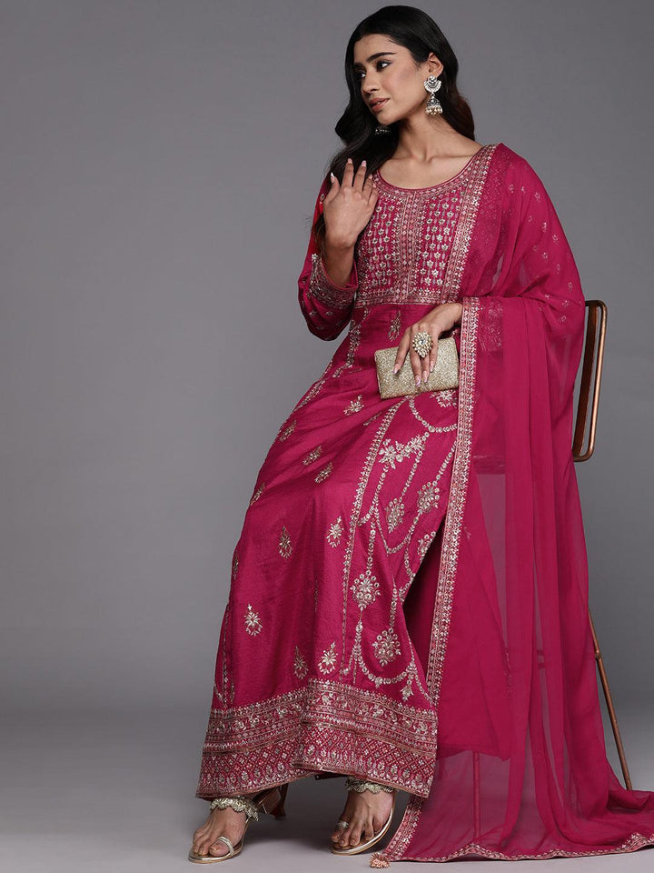 Libas Art Pink Embroidered Silk Blend A-Line Kurta With Trousers & Dupatta - ShopLibas