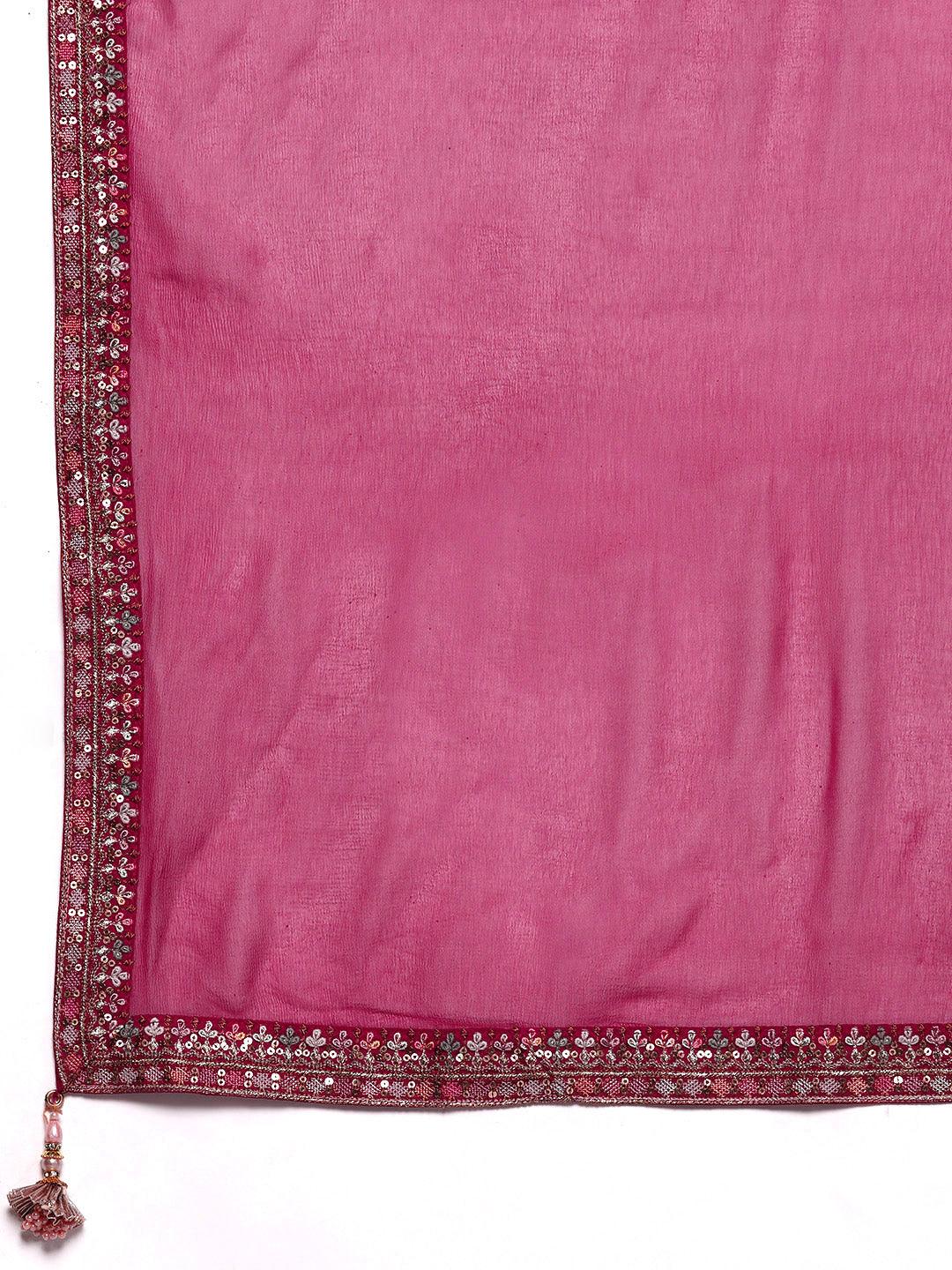 Libas Art Pink Embroidered Silk Blend A-Line Kurta With Trousers & Dupatta