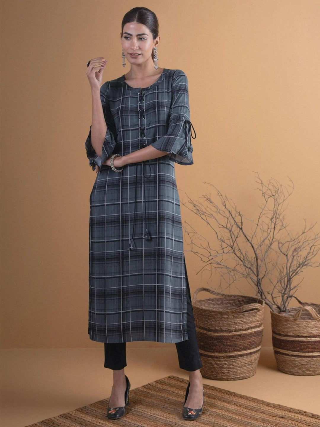 Olive Green Checkered Rayon Kurta - ShopLibas