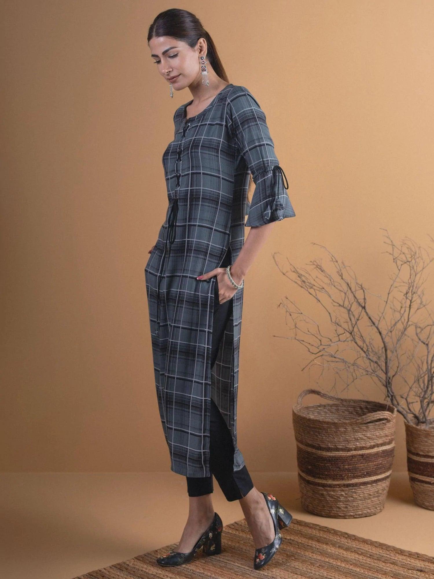 Olive Green Checkered Rayon Kurta