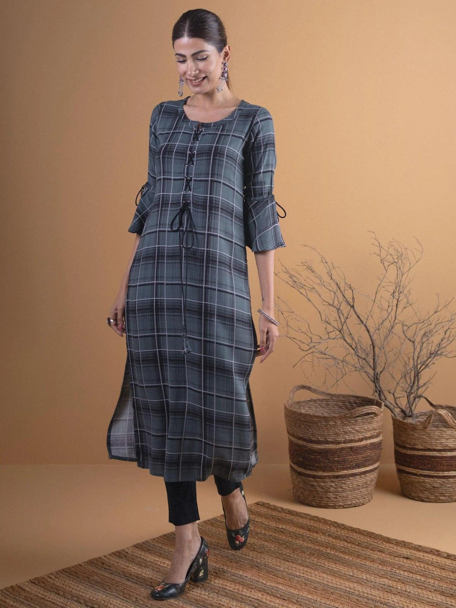 Olive Green Checkered Rayon Kurta