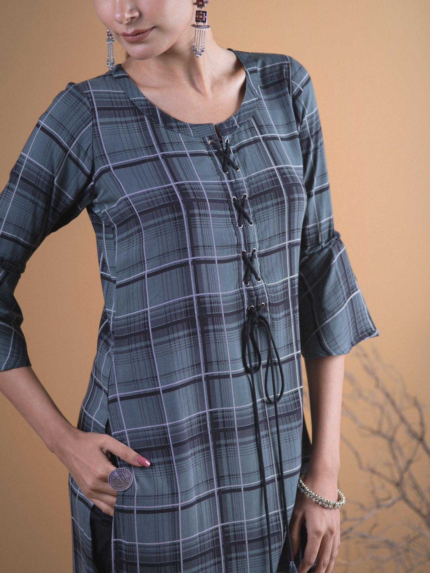 Olive Green Checkered Rayon Kurta