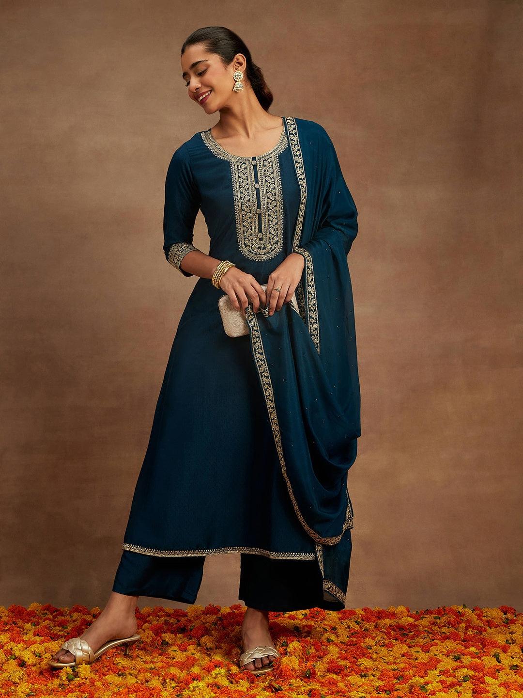 Teal Yoke Design Silk Blend A-Line Kurta With Trousers & Dupatta - ShopLibas