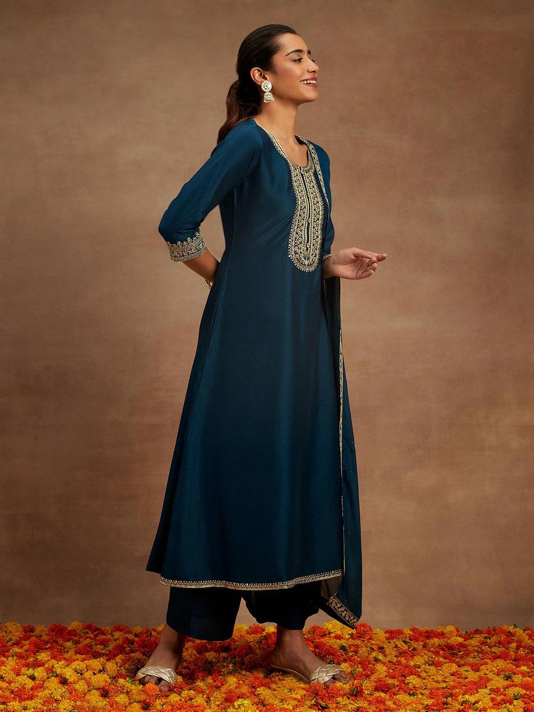 Teal Yoke Design Silk Blend A-Line Kurta With Trousers & Dupatta - ShopLibas