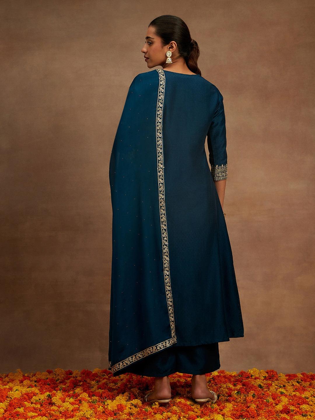 Teal Yoke Design Silk Blend A-Line Kurta With Trousers & Dupatta - ShopLibas