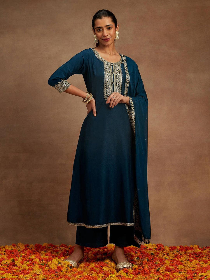 Teal Yoke Design Silk Blend A-Line Kurta With Trousers & Dupatta - ShopLibas