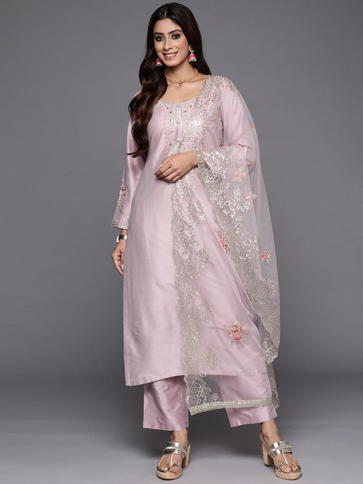 Mauve Yoke Design Silk Blend Straight Kurta With Trousers & Dupatta - ShopLibas