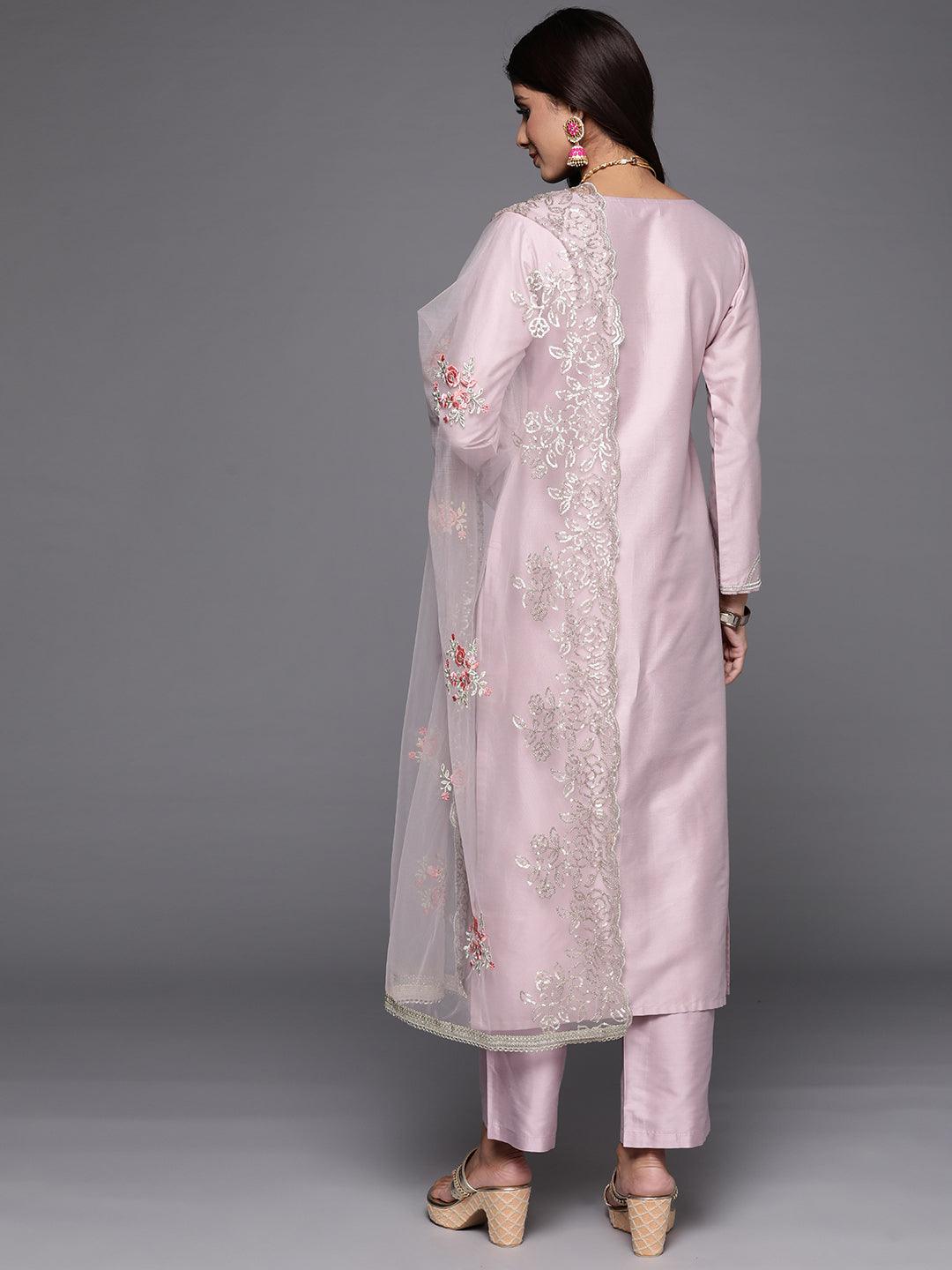 Mauve Yoke Design Silk Blend Straight Kurta With Trousers & Dupatta - ShopLibas