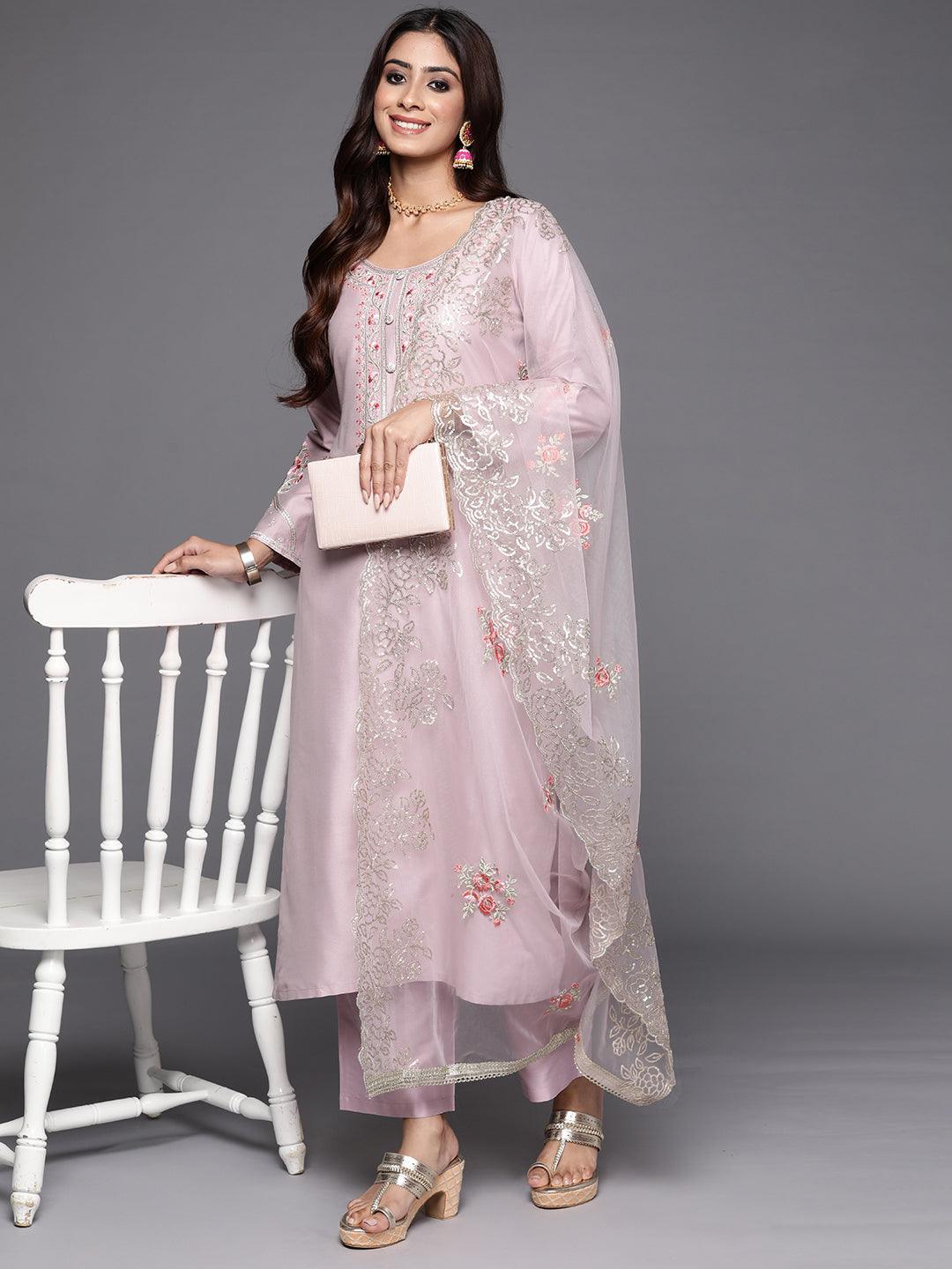 Mauve Yoke Design Silk Blend Straight Kurta With Trousers & Dupatta - ShopLibas