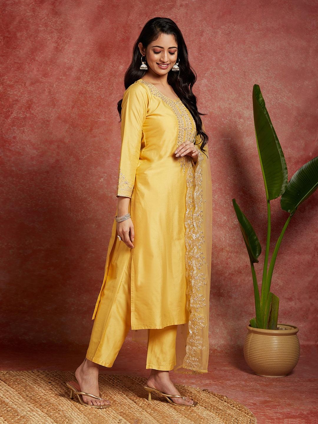 Yellow Yoke Design Silk Blend Straight Kurta With Trousers & Dupatta - ShopLibas