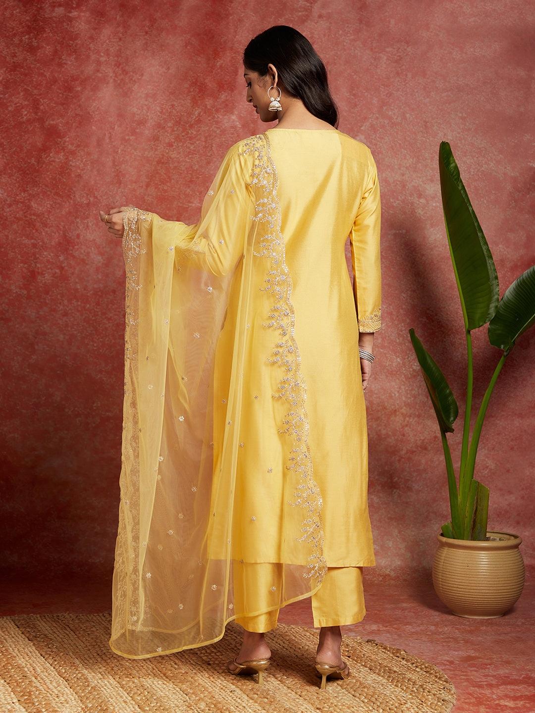 Yellow Yoke Design Silk Blend Straight Kurta With Trousers & Dupatta - ShopLibas