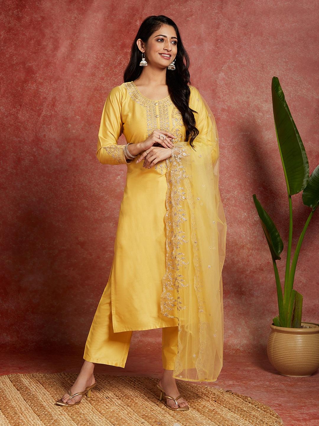 Yellow Yoke Design Silk Blend Straight Kurta With Trousers & Dupatta - ShopLibas