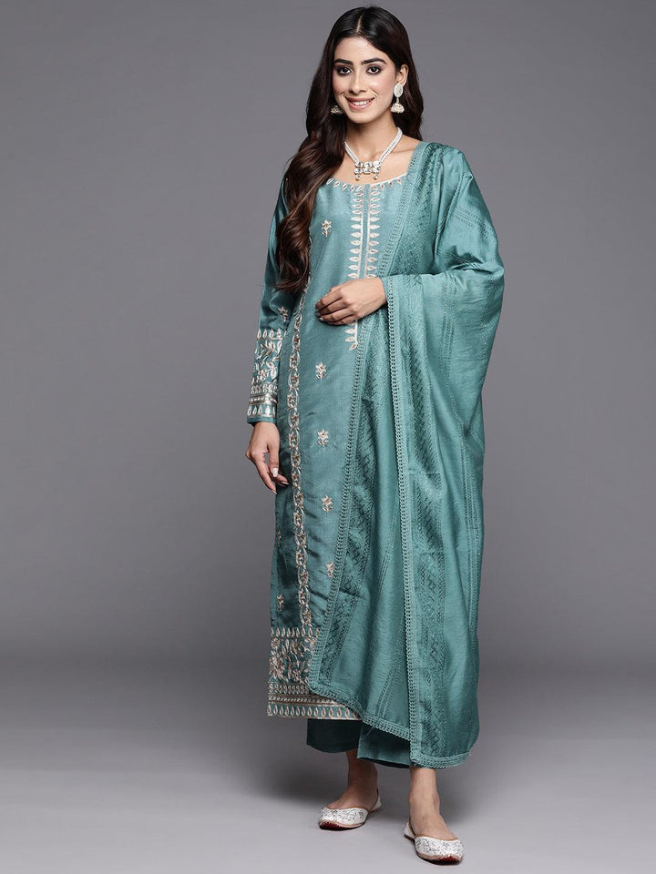 Blue Embroidered Silk Blend Straight Kurta With Trousers & Dupatta - ShopLibas