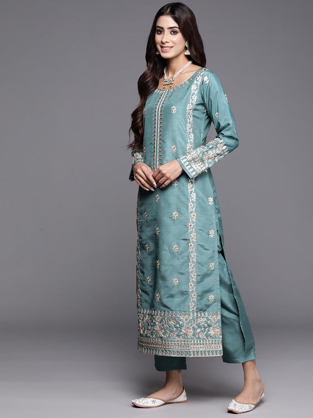 Blue Embroidered Silk Blend Straight Kurta With Trousers & Dupatta - ShopLibas