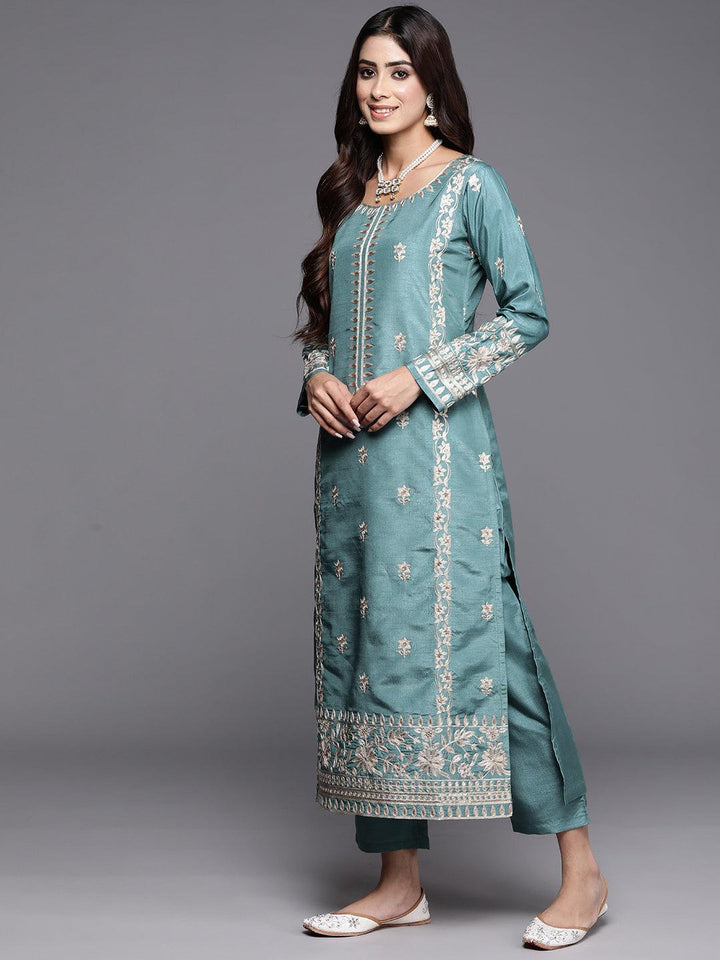 Blue Embroidered Silk Blend Straight Kurta With Trousers & Dupatta - ShopLibas