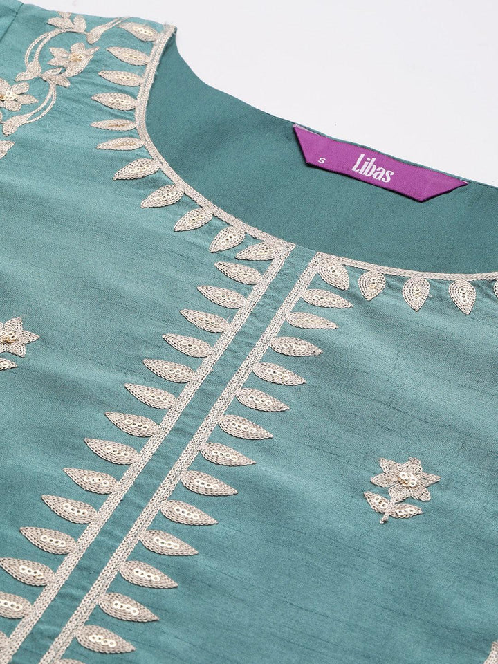 Blue Embroidered Silk Blend Straight Kurta With Trousers & Dupatta - ShopLibas