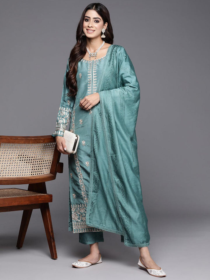 Blue Embroidered Silk Blend Straight Kurta With Trousers & Dupatta - ShopLibas