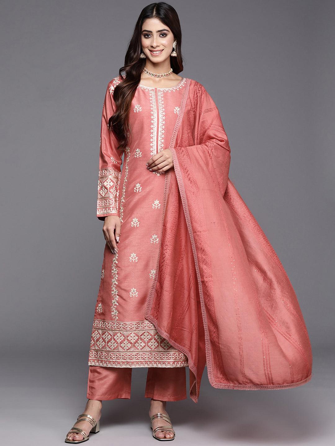 Coral Embroidered Silk Blend Straight Kurta With Trousers & Dupatta - ShopLibas